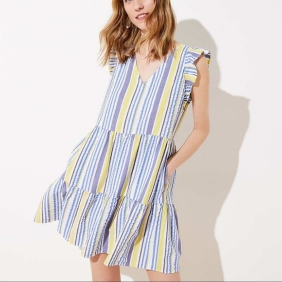 LOFT Striped Flutter Dress Blue Yellow Size SP - Picture 1 of 9